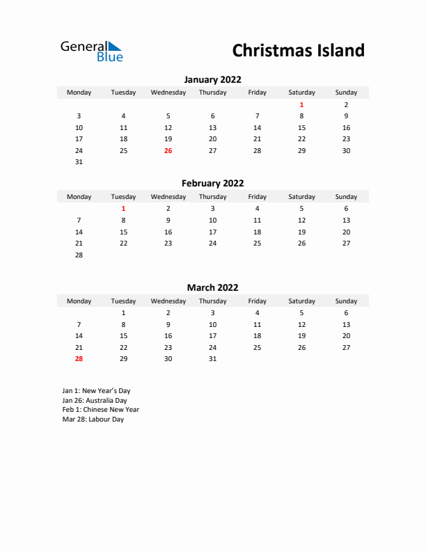 Printable Quarterly Calendar with Notes and Christmas Island Holidays- Q1 of 2022