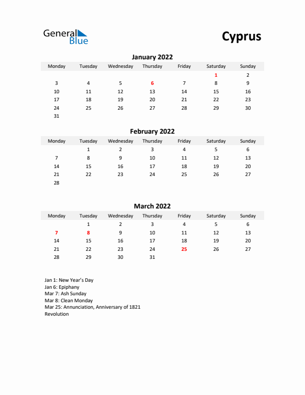 Printable Quarterly Calendar with Notes and Cyprus Holidays- Q1 of 2022