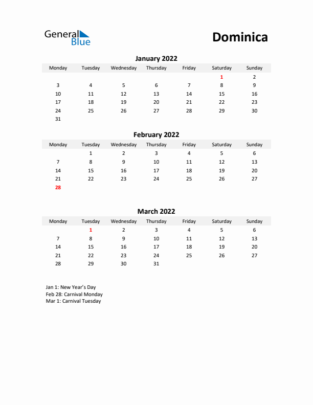 Printable Quarterly Calendar with Notes and Dominica Holidays- Q1 of 2022