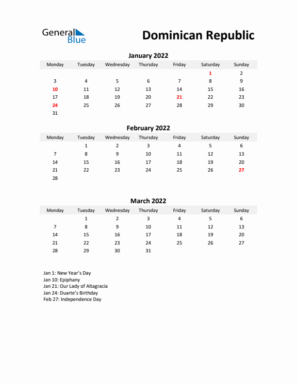 Printable Quarterly Calendar with Notes and Dominican Republic Holidays- Q1 of 2022