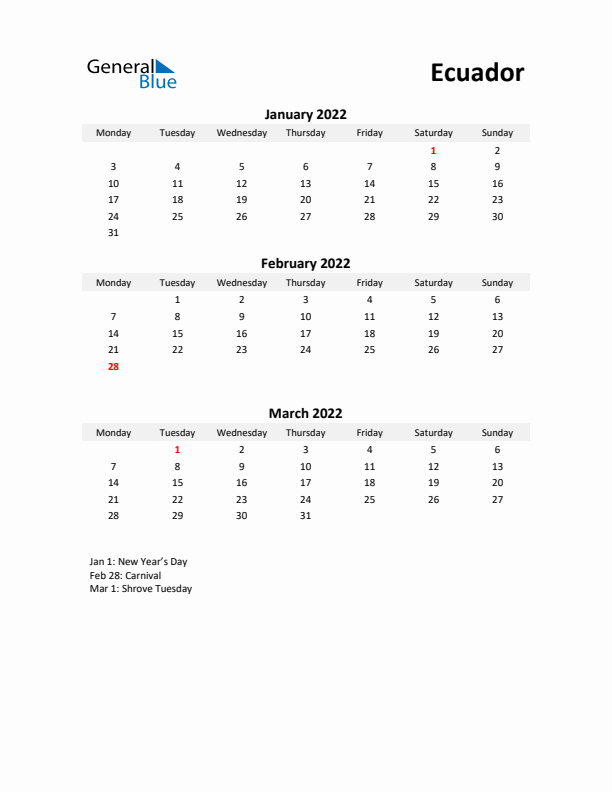 Printable Quarterly Calendar with Notes and Ecuador Holidays- Q1 of 2022