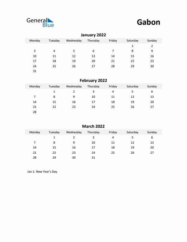 Printable Quarterly Calendar with Notes and Gabon Holidays- Q1 of 2022