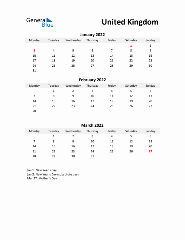 Printable Quarterly Calendar with Notes and United Kingdom Holidays- Q1 of 2022