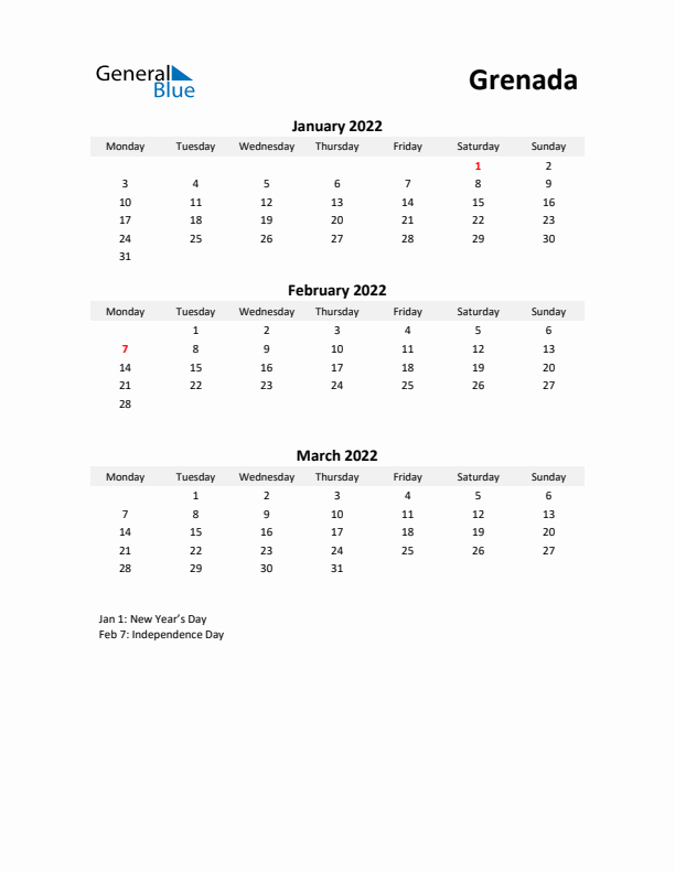 Printable Quarterly Calendar with Notes and Grenada Holidays- Q1 of 2022