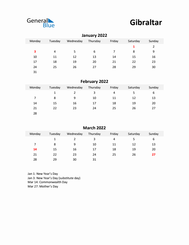 Printable Quarterly Calendar with Notes and Gibraltar Holidays- Q1 of 2022