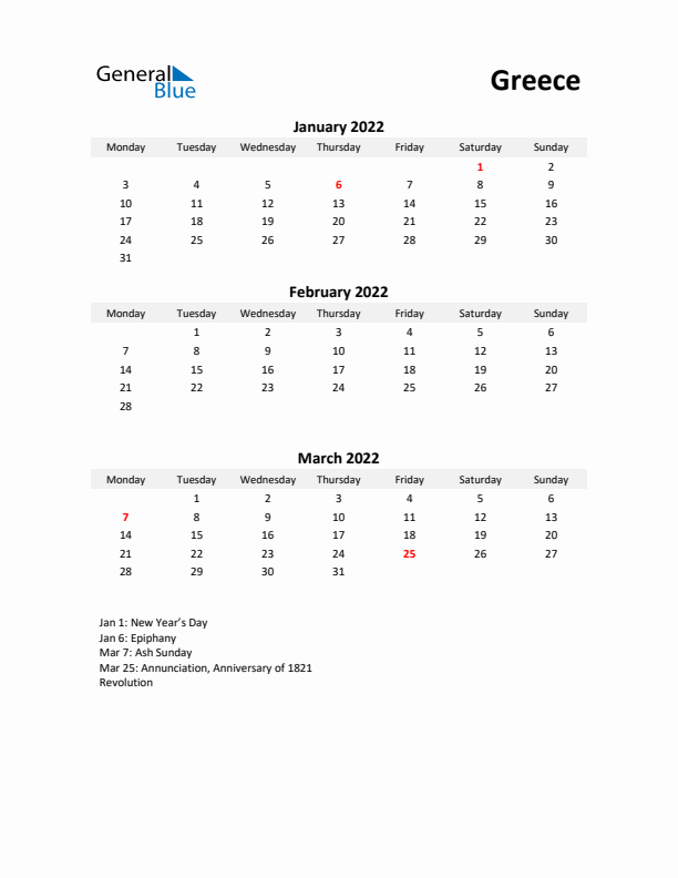 Printable Quarterly Calendar with Notes and Greece Holidays- Q1 of 2022