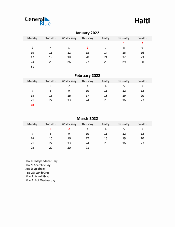 Printable Quarterly Calendar with Notes and Haiti Holidays- Q1 of 2022