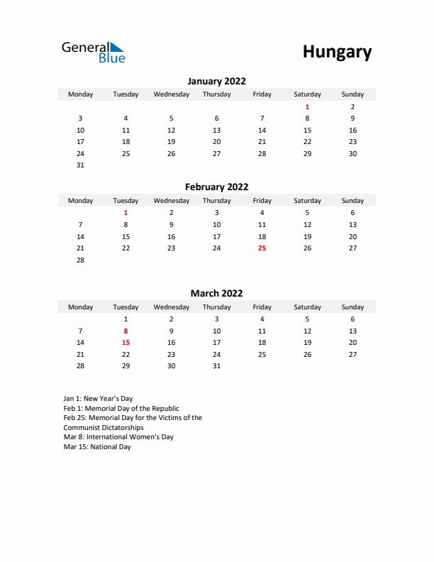 Printable Quarterly Calendar with Notes and Hungary Holidays- Q1 of 2022