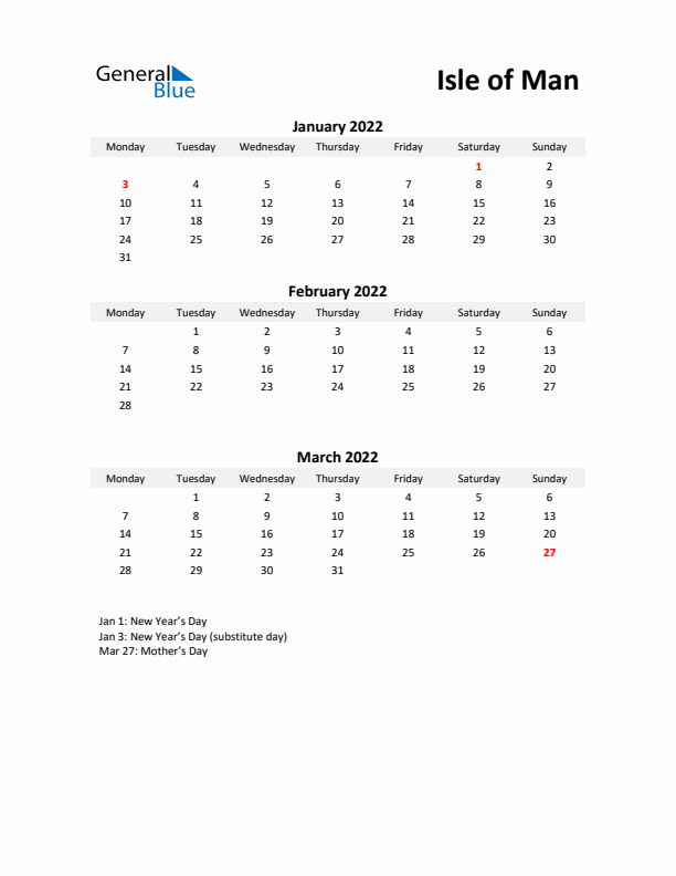 Printable Quarterly Calendar with Notes and Isle of Man Holidays- Q1 of 2022