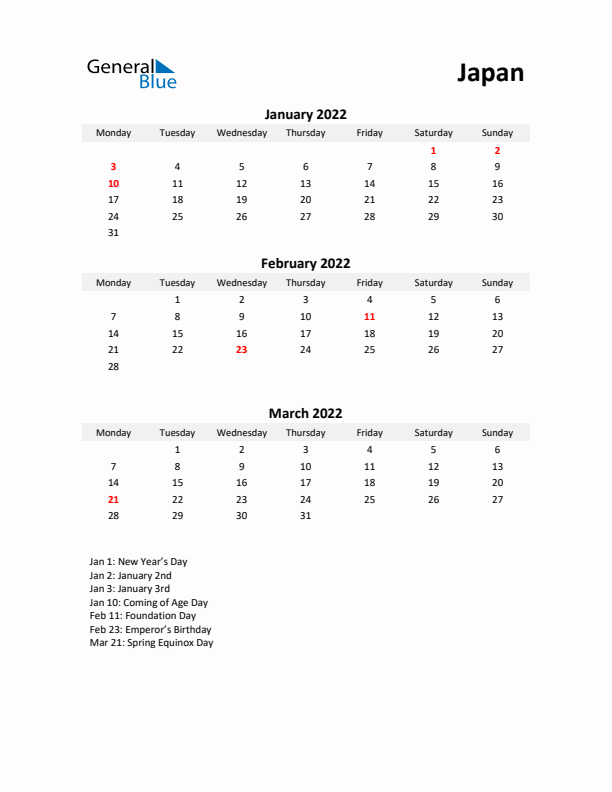 Printable Quarterly Calendar with Notes and Japan Holidays- Q1 of 2022