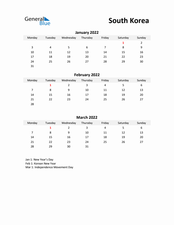 Printable Quarterly Calendar with Notes and South Korea Holidays- Q1 of 2022