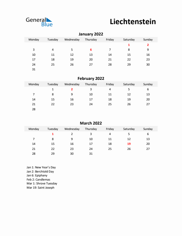 Printable Quarterly Calendar with Notes and Liechtenstein Holidays- Q1 of 2022