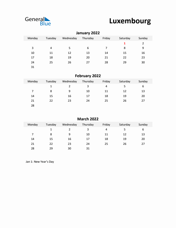 Printable Quarterly Calendar with Notes and Luxembourg Holidays- Q1 of 2022