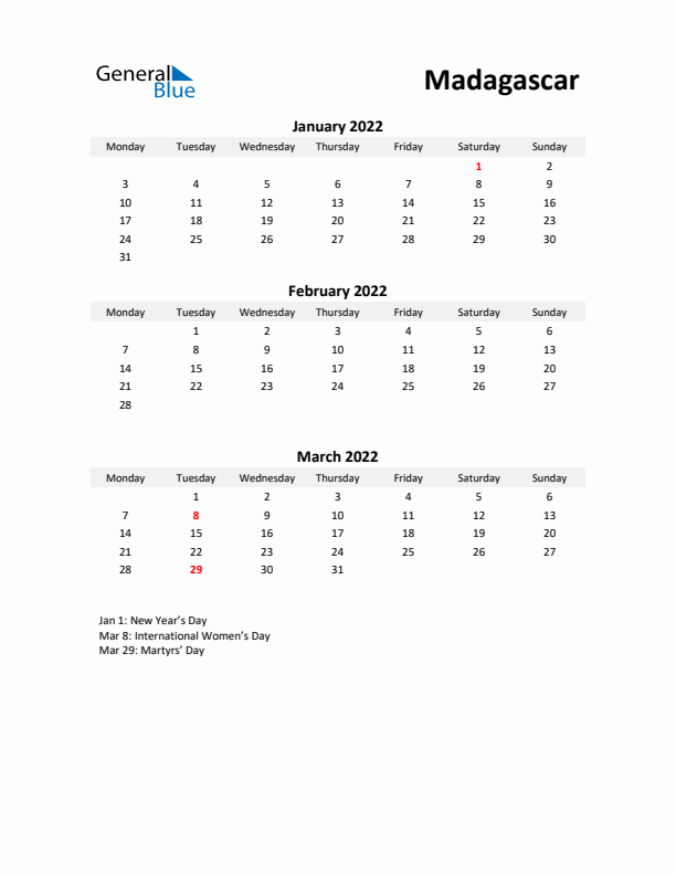 Printable Quarterly Calendar with Notes and Madagascar Holidays- Q1 of 2022