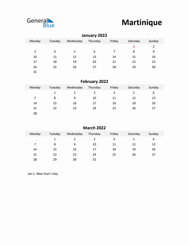 Printable Quarterly Calendar with Notes and Martinique Holidays- Q1 of 2022