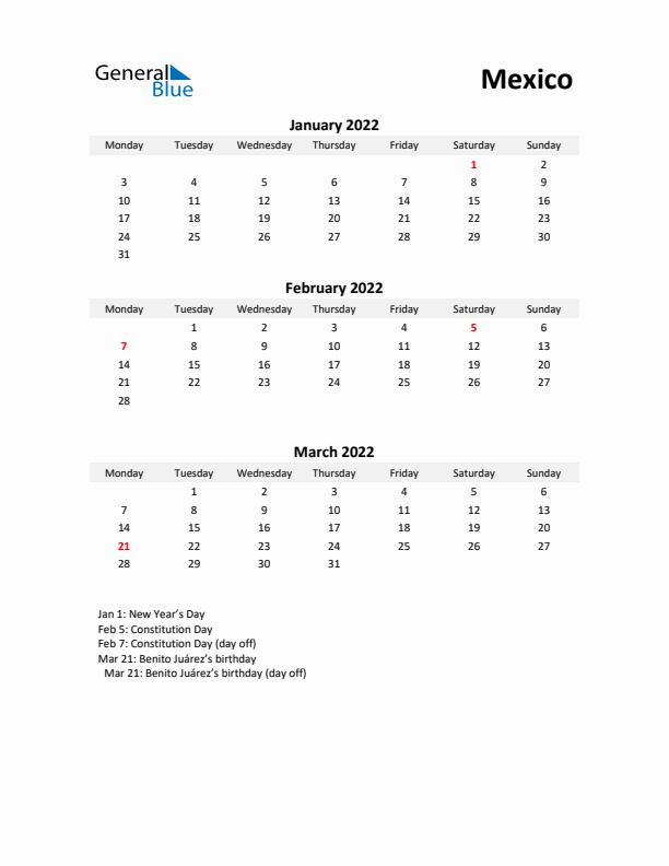 Printable Quarterly Calendar with Notes and Mexico Holidays- Q1 of 2022