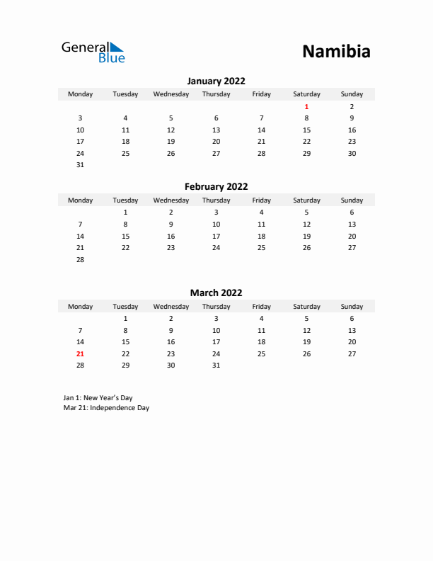 Printable Quarterly Calendar with Notes and Namibia Holidays- Q1 of 2022