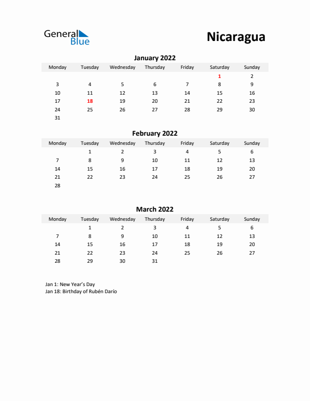 Printable Quarterly Calendar with Notes and Nicaragua Holidays- Q1 of 2022