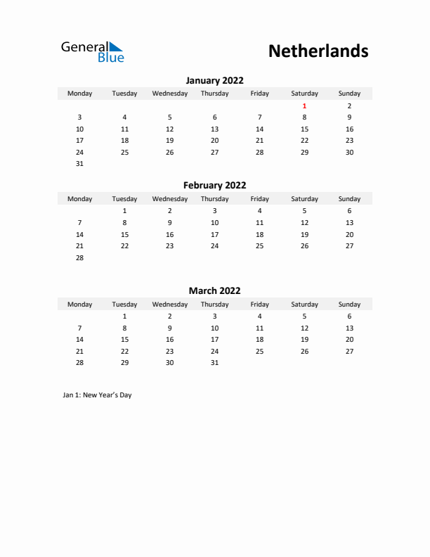 Printable Quarterly Calendar with Notes and The Netherlands Holidays- Q1 of 2022