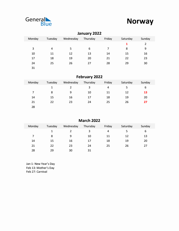 Printable Quarterly Calendar with Notes and Norway Holidays- Q1 of 2022