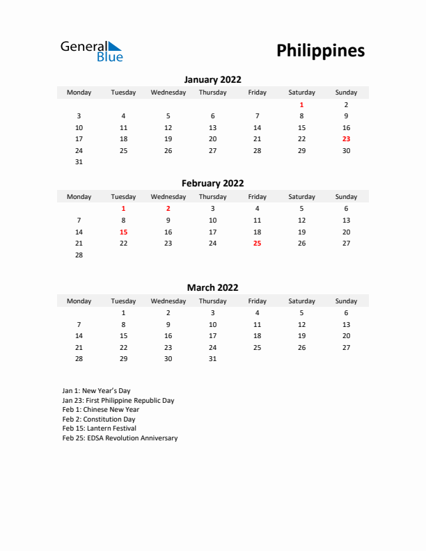 Printable Quarterly Calendar with Notes and Philippines Holidays- Q1 of 2022