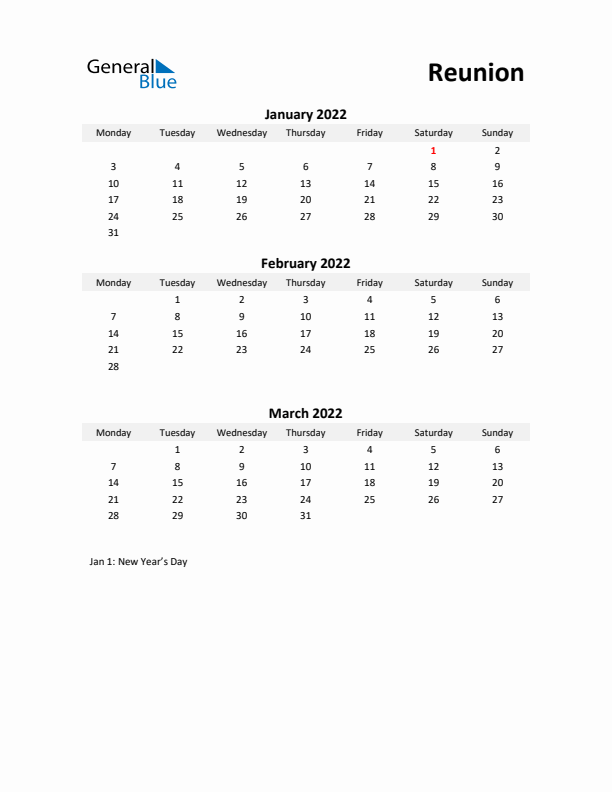 Printable Quarterly Calendar with Notes and Reunion Holidays- Q1 of 2022