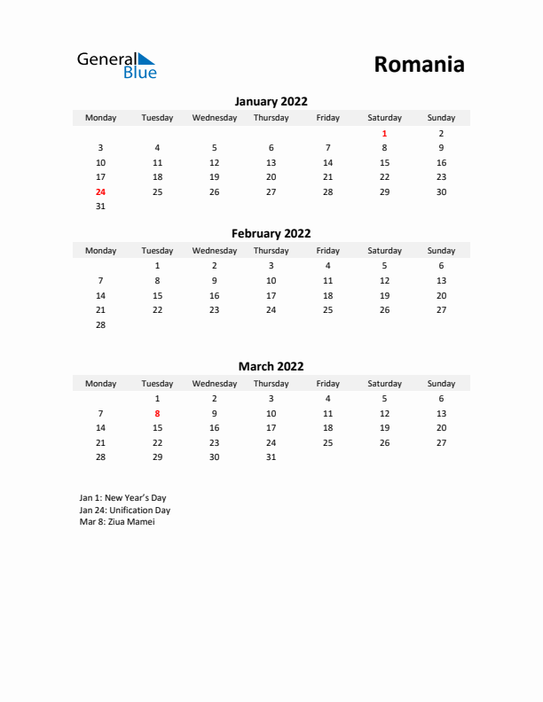 Printable Quarterly Calendar with Notes and Romania Holidays- Q1 of 2022