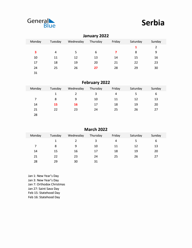 Printable Quarterly Calendar with Notes and Serbia Holidays- Q1 of 2022