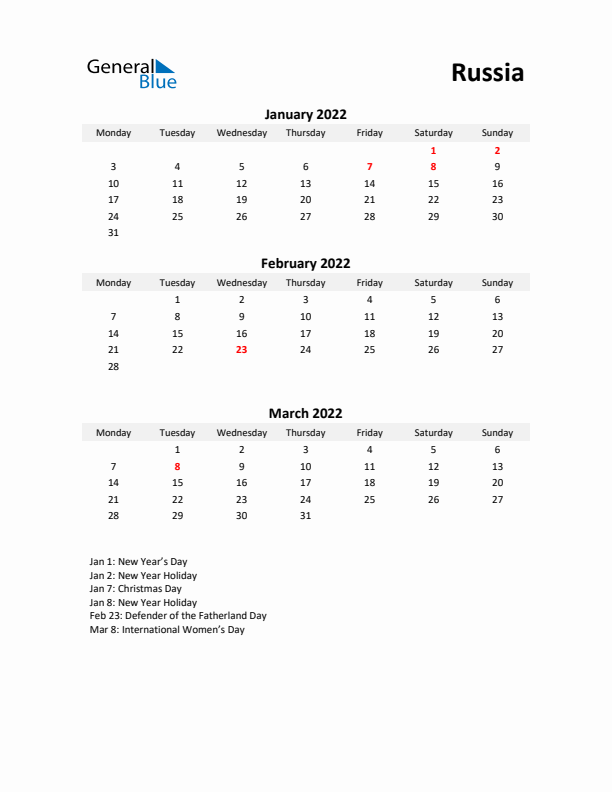 Printable Quarterly Calendar with Notes and Russia Holidays- Q1 of 2022