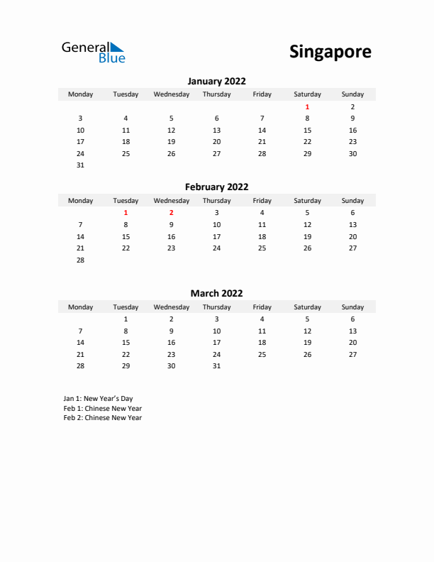 Printable Quarterly Calendar with Notes and Singapore Holidays- Q1 of 2022