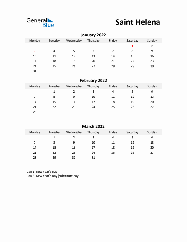 Printable Quarterly Calendar with Notes and Saint Helena Holidays- Q1 of 2022