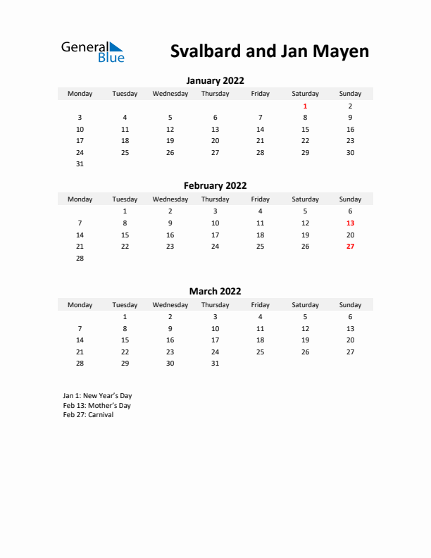 Printable Quarterly Calendar with Notes and Svalbard and Jan Mayen Holidays- Q1 of 2022