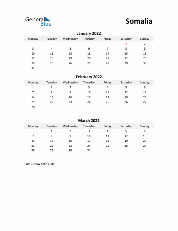 Printable Quarterly Calendar with Notes and Somalia Holidays- Q1 of 2022