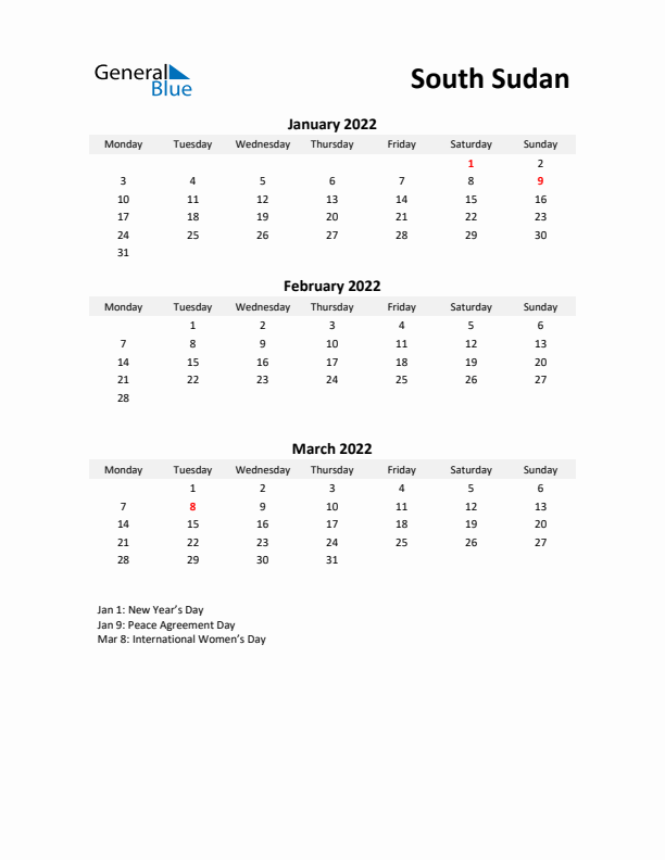 Printable Quarterly Calendar with Notes and South Sudan Holidays- Q1 of 2022