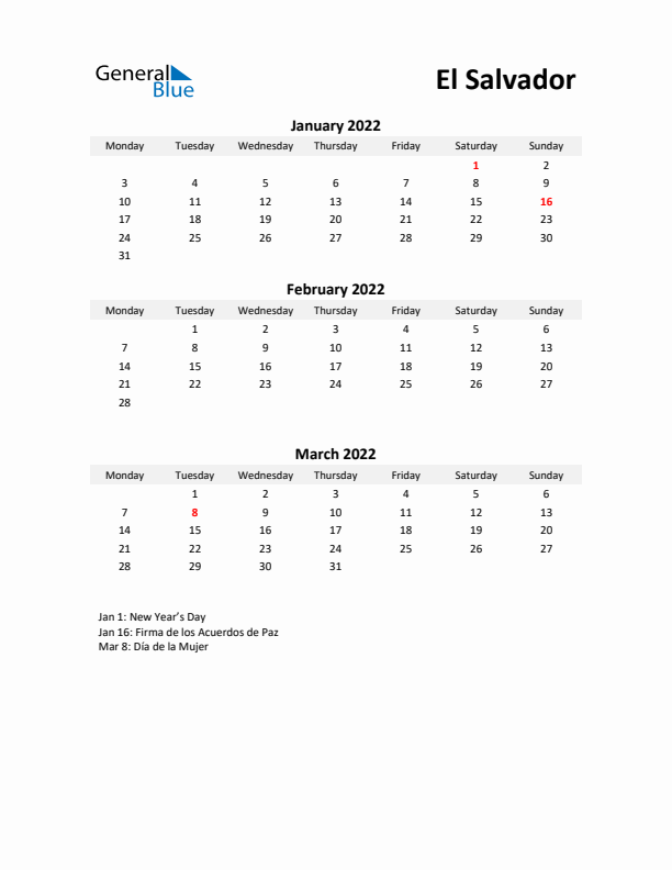 Printable Quarterly Calendar with Notes and El Salvador Holidays- Q1 of 2022