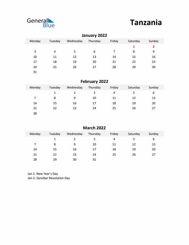 Printable Quarterly Calendar with Notes and Tanzania Holidays- Q1 of 2022