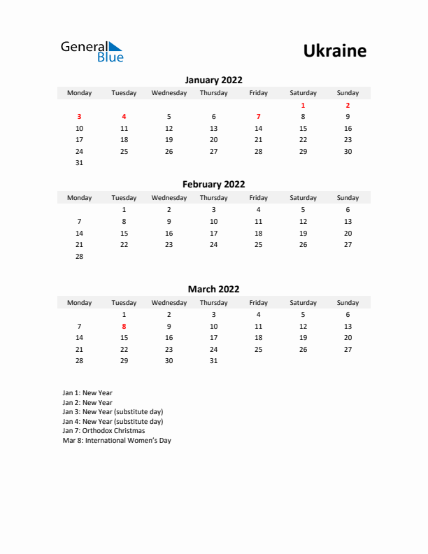 Printable Quarterly Calendar with Notes and Ukraine Holidays- Q1 of 2022