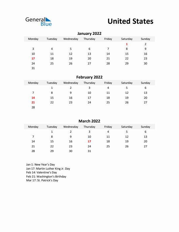 Printable Quarterly Calendar with Notes and United States Holidays- Q1 of 2022