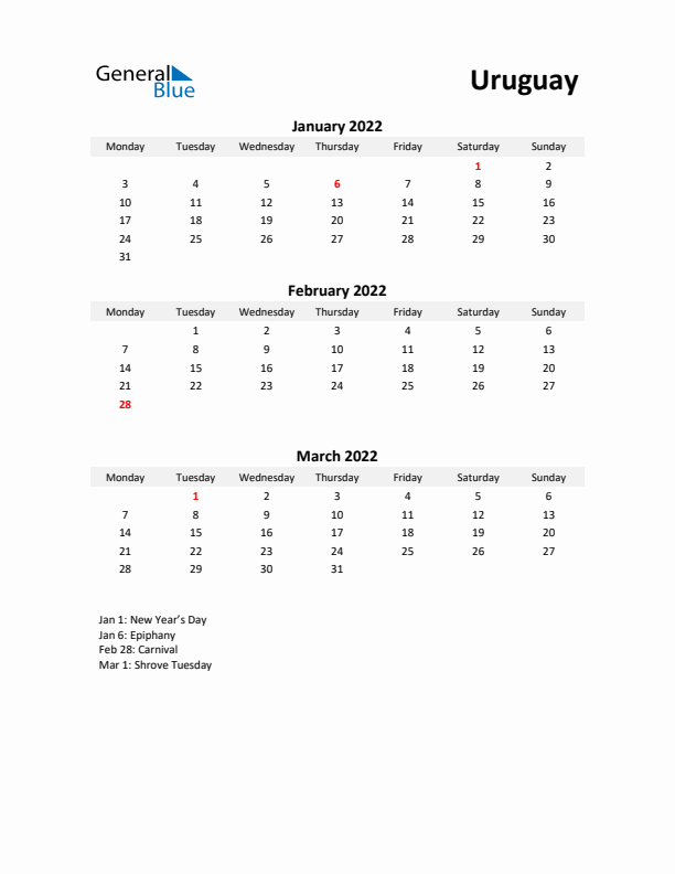 Printable Quarterly Calendar with Notes and Uruguay Holidays- Q1 of 2022