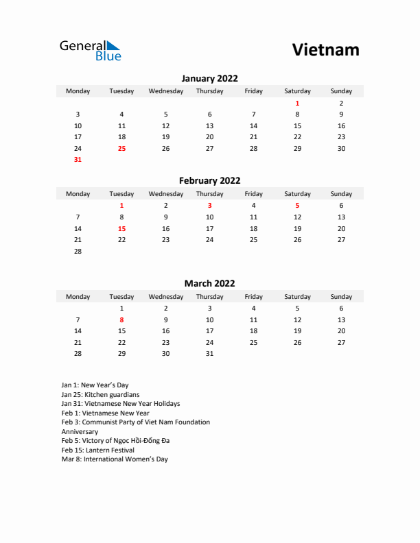 Printable Quarterly Calendar with Notes and Vietnam Holidays- Q1 of 2022