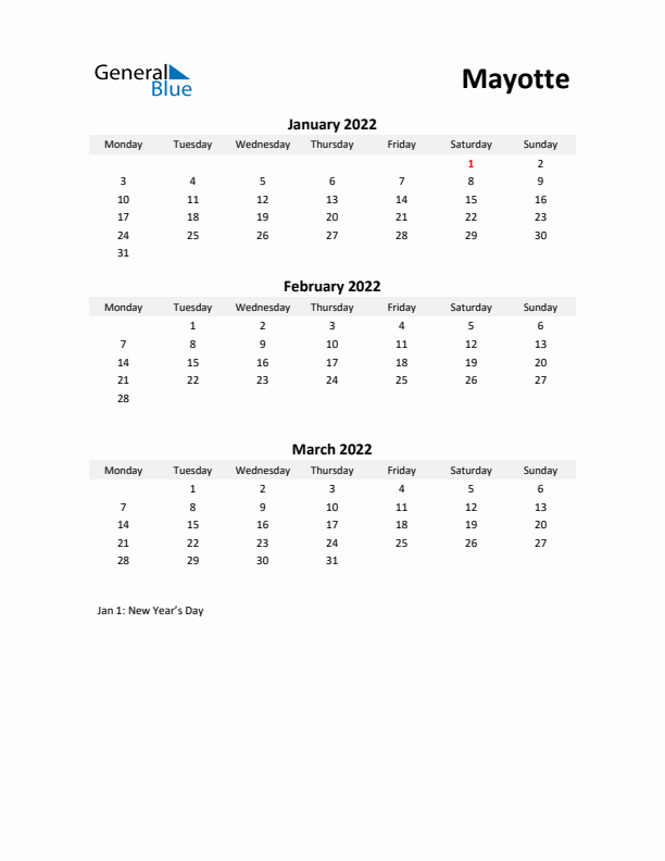 Printable Quarterly Calendar with Notes and Mayotte Holidays- Q1 of 2022