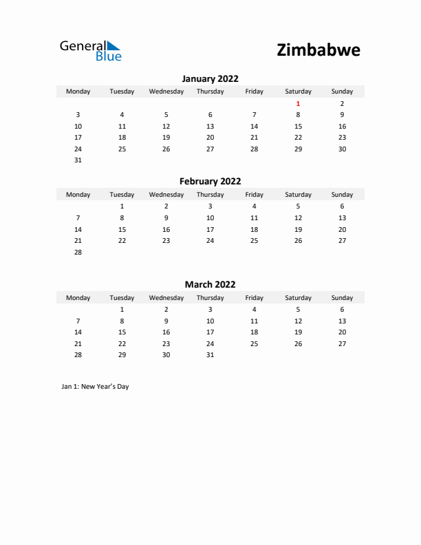 Printable Quarterly Calendar with Notes and Zimbabwe Holidays- Q1 of 2022