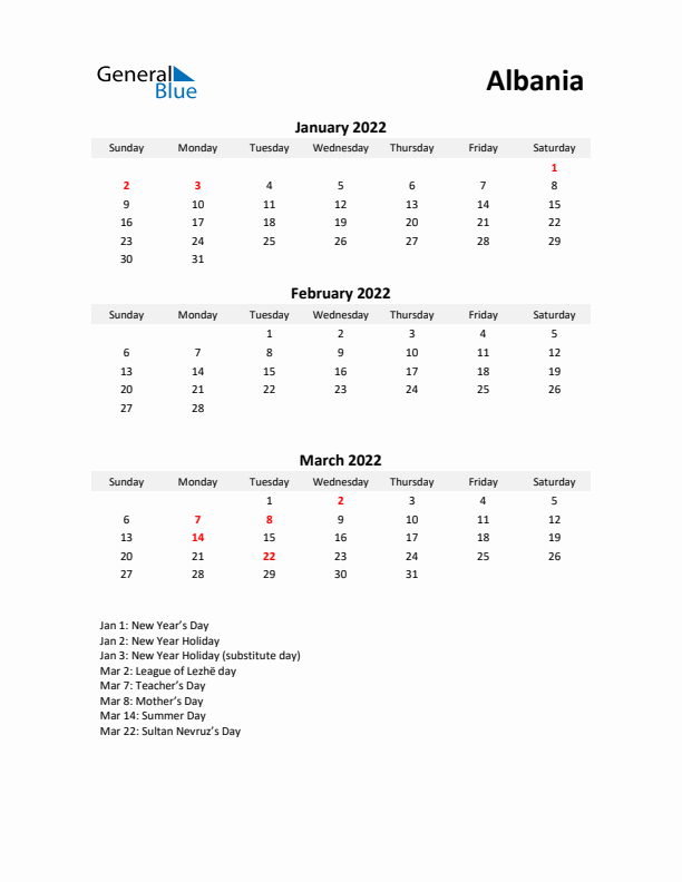 Printable Quarterly Calendar with Notes and Albania Holidays- Q1 of 2022