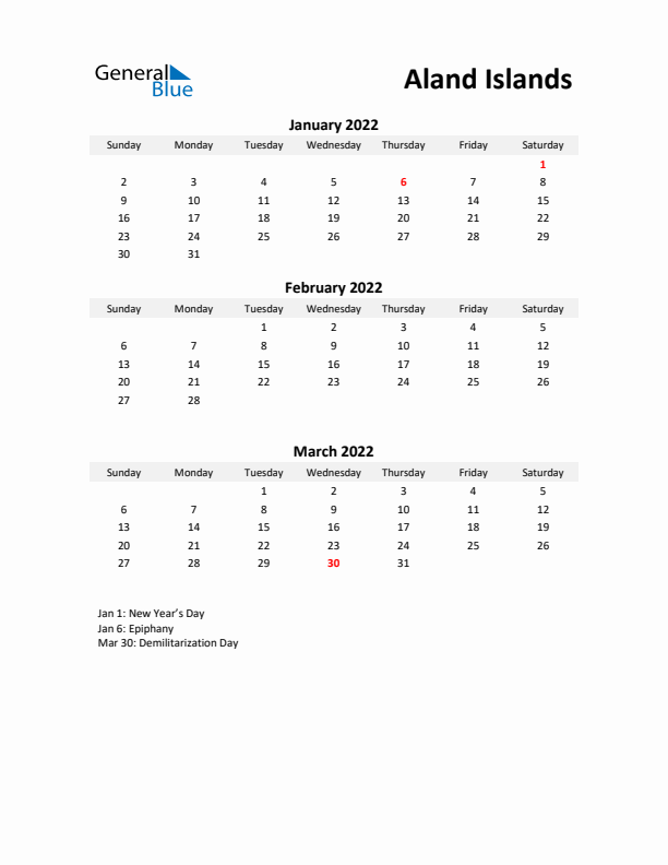 Printable Quarterly Calendar with Notes and Aland Islands Holidays- Q1 of 2022