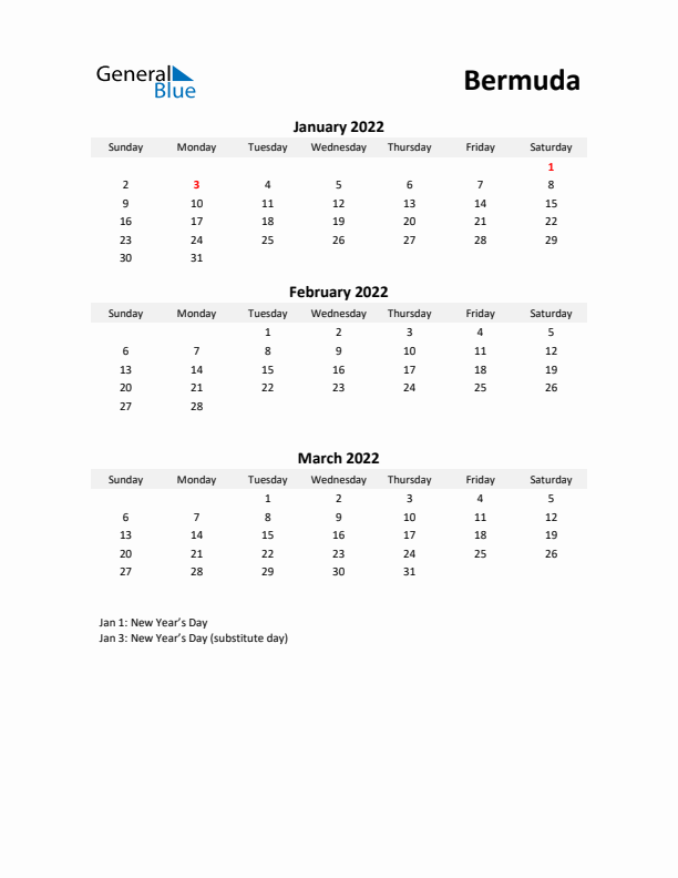 Printable Quarterly Calendar with Notes and Bermuda Holidays- Q1 of 2022