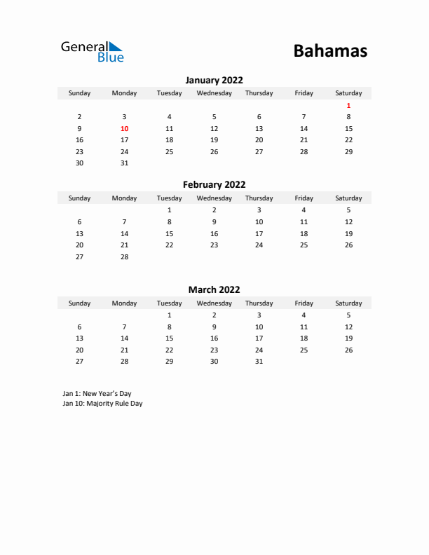 Printable Quarterly Calendar with Notes and Bahamas Holidays- Q1 of 2022