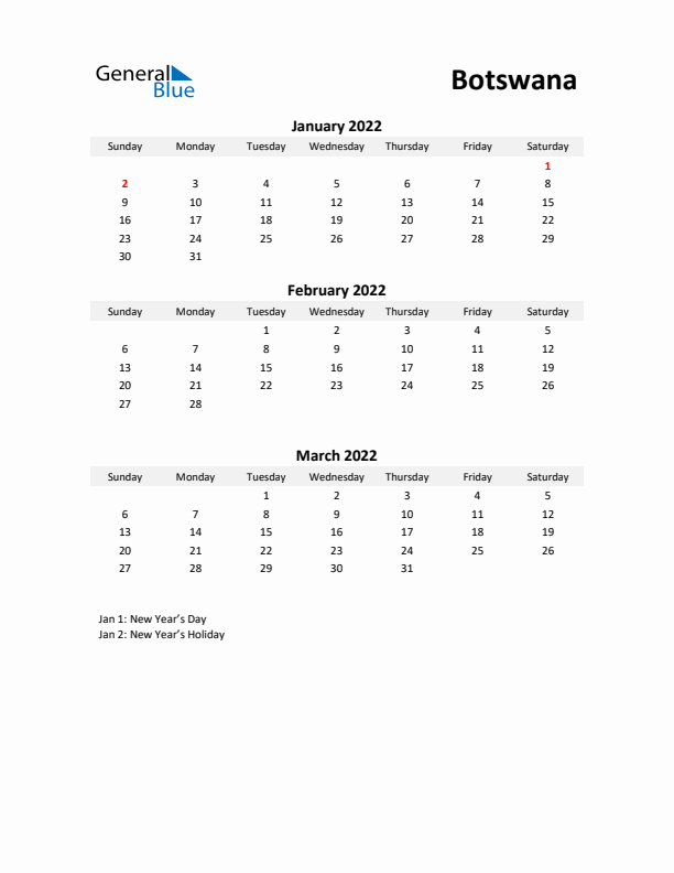 Printable Quarterly Calendar with Notes and Botswana Holidays- Q1 of 2022