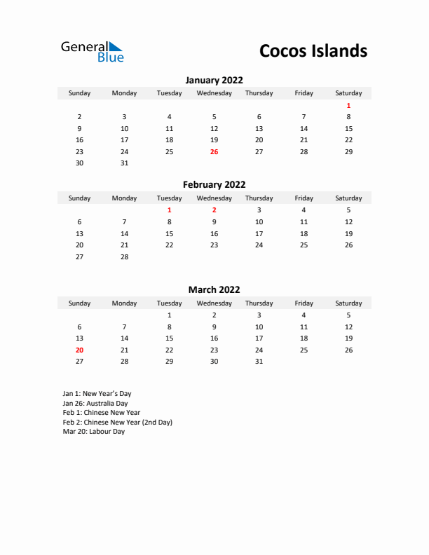 Printable Quarterly Calendar with Notes and Cocos Islands Holidays- Q1 of 2022