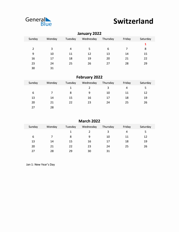 Printable Quarterly Calendar with Notes and Switzerland Holidays- Q1 of 2022