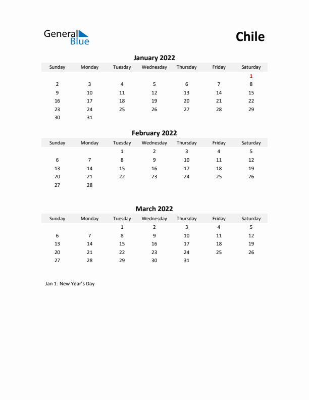 Printable Quarterly Calendar with Notes and Chile Holidays- Q1 of 2022